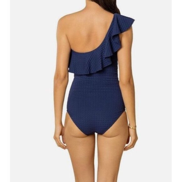 Shoshanna Sz 0 Swimsuit Blue One Shoulder Ruffle Neck One Piece Boho Classic - Picture 2 of 5